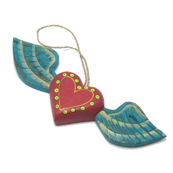 Painted Wooden Winged Heart Ornament