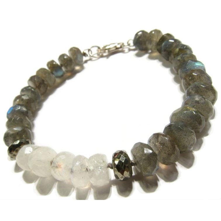 Labradorite, Pyrite and Moonstone Knotted Bracelet with Sterling Silver Trigger Clasp