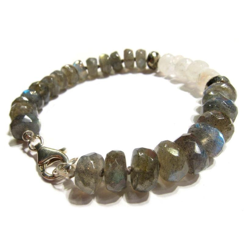 Labradorite, Pyrite and Moonstone Knotted Bracelet with Sterling Silver Trigger Clasp
