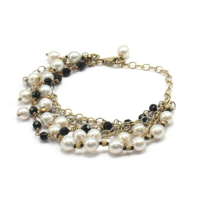 Fresh Water Pearl and Onyx Bracelet with Gold Plate Trigger Clasp