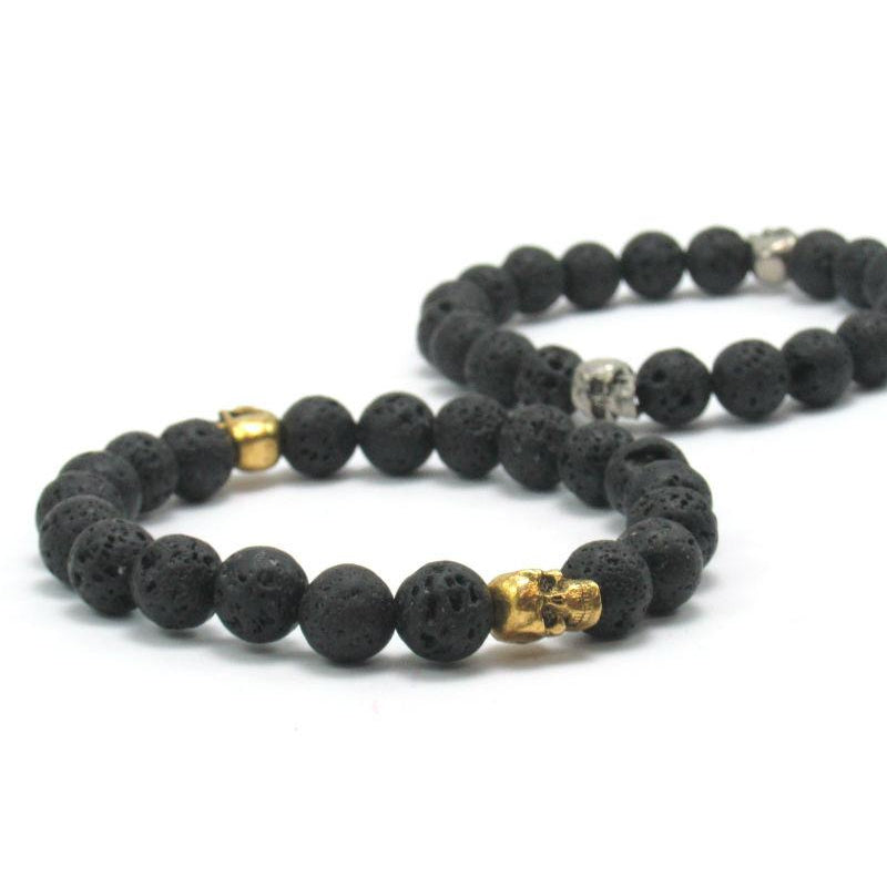 Lava Stone Stretch Bracelet with Metal Skull Beads