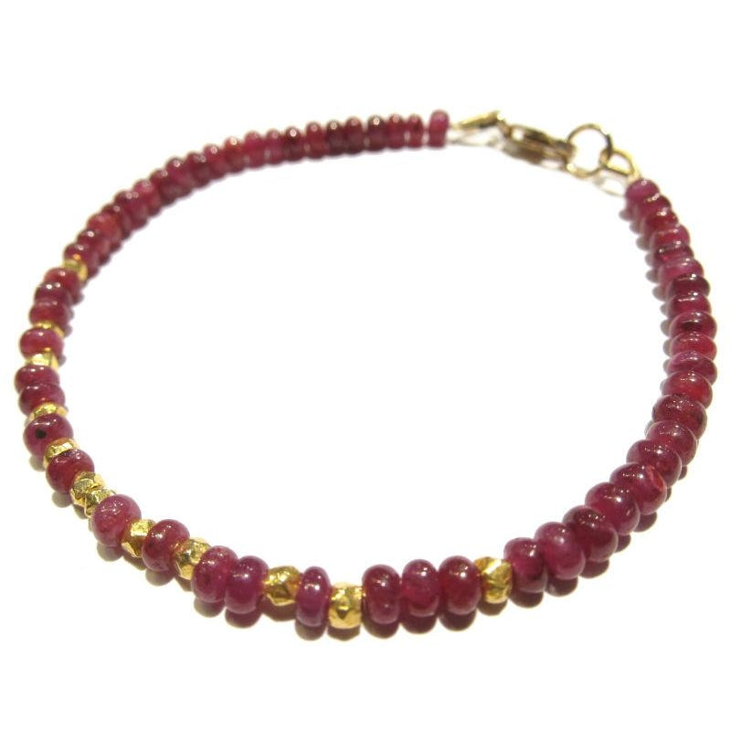 Ruby Bracelet with Faceted Gold Plated Beads and Gold Filled Lobster Claw Clasp