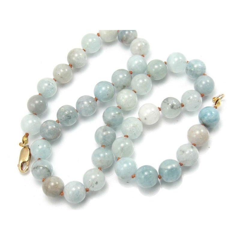 Aquamarine 10mm Rounds Knotted Necklace with Gold Filled Lobster Claw Clasp