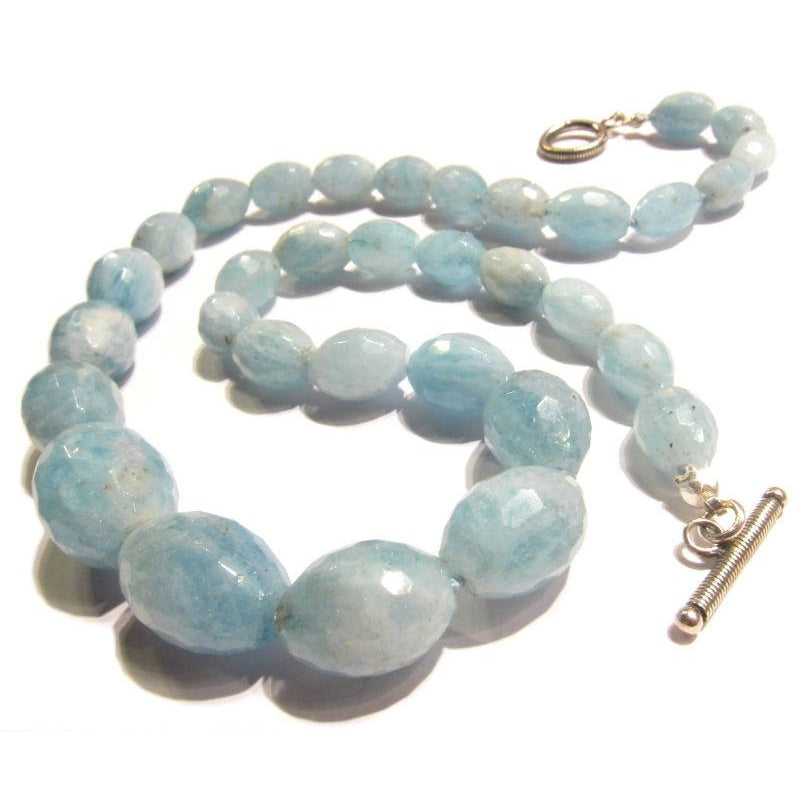 Faceted Graduated Aquamarine Barrels Knotted with Sterling Silver Toggle Clasp