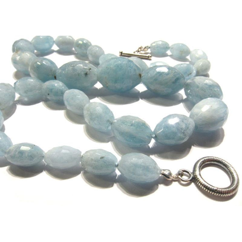 Faceted Graduated Aquamarine Barrels Knotted with Sterling Silver Toggle Clasp