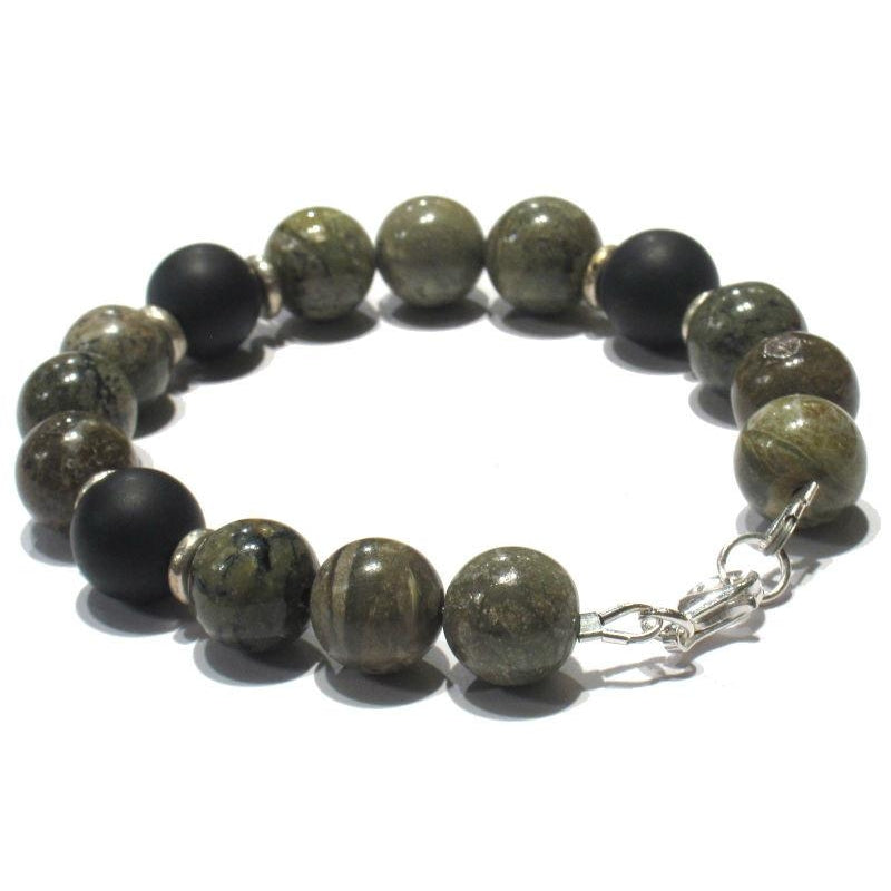 African Green Opal and Matte Onyx Bracelet with Sterling Silver Trigger Clasp