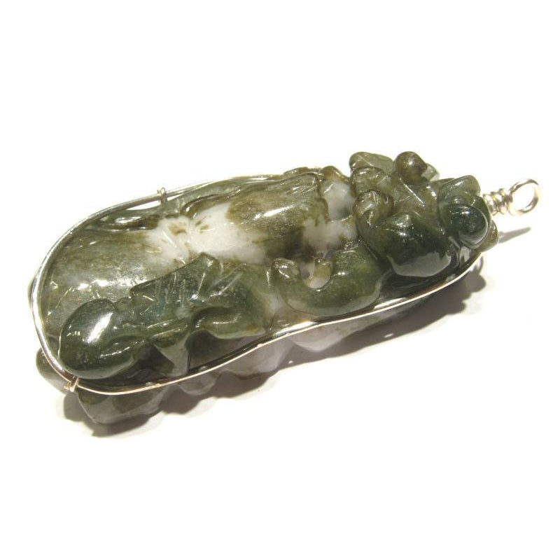 Jade Bottle Gourd with Lingzhi Fungus Wire Wrapped Pendant- Large