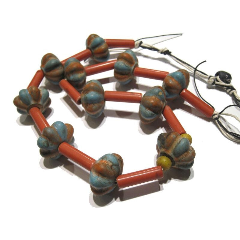Tibetan Style "Coral and Turquoise Glass" Melon Bead Necklace/Strand or Loose