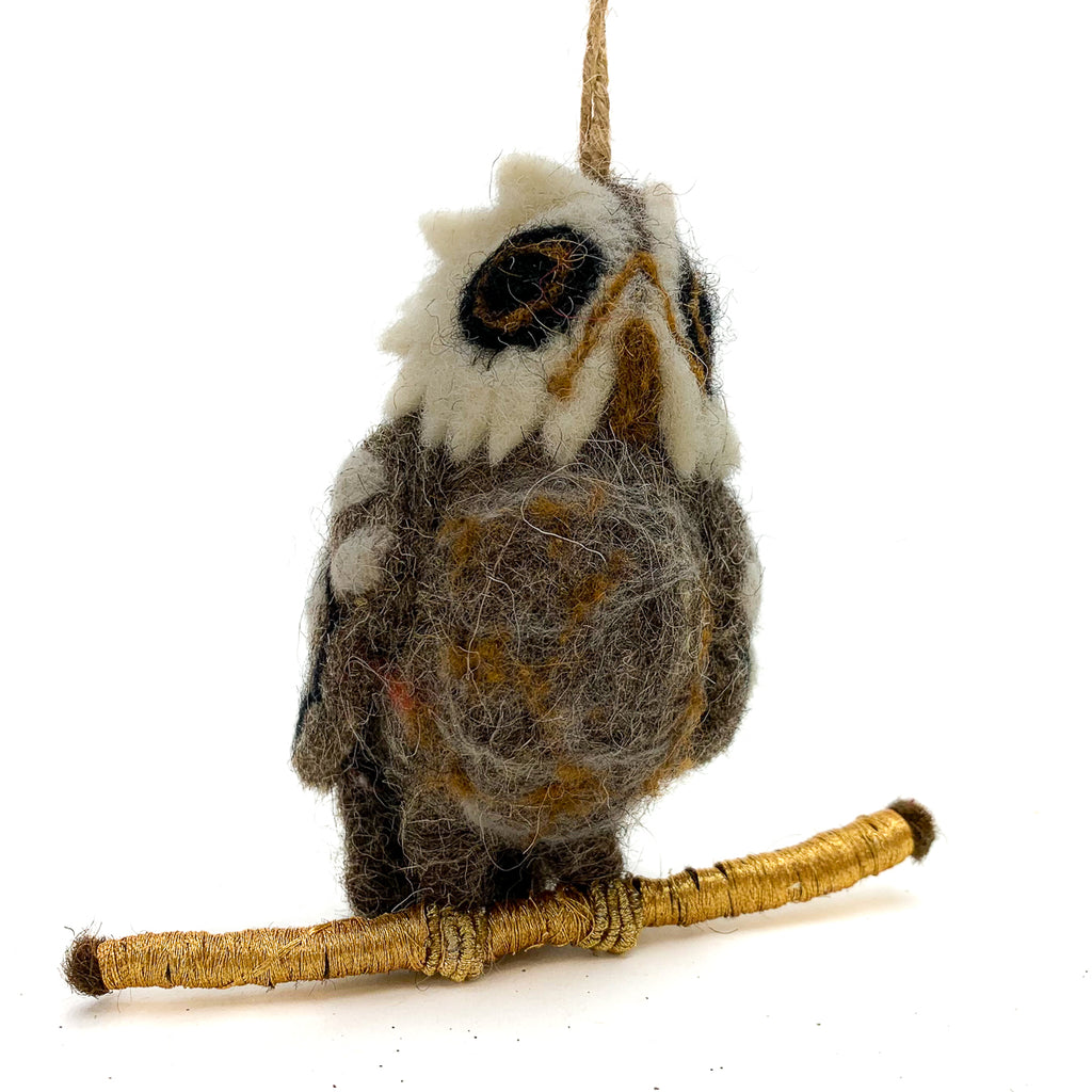 Felted Owl on a Branch Ornament