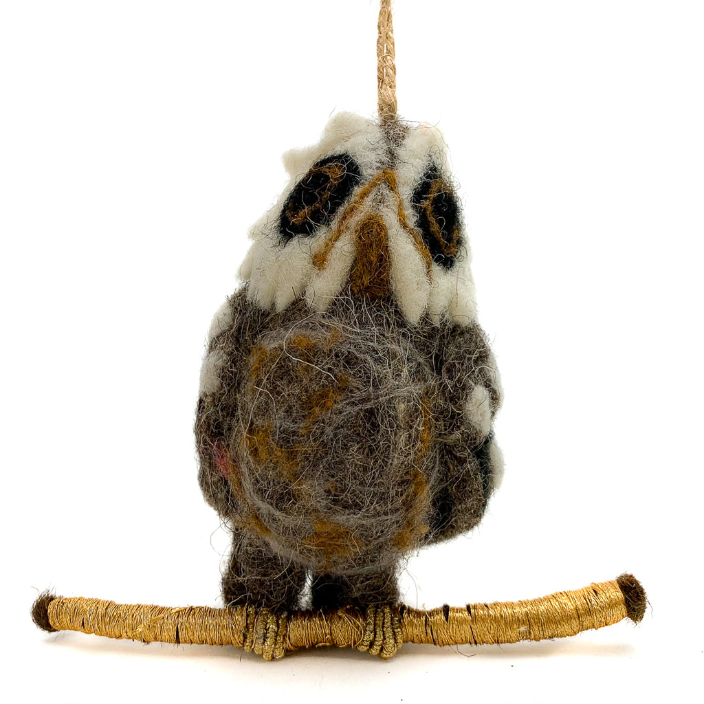 Felted Owl on a Branch Ornament