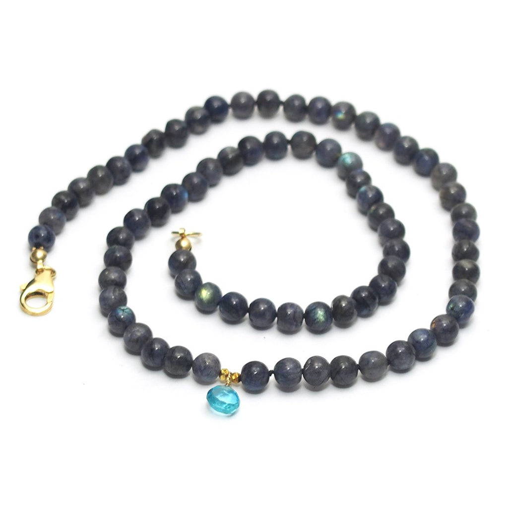 Labradorite Knotted Necklace and Blue Topaz Drop with Gold Filled Trigger Clasp