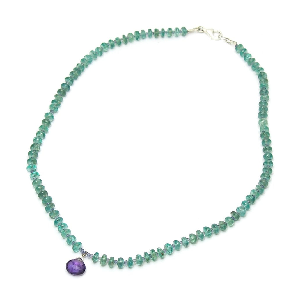 Apatite and Iolite Necklace with Amethyst Drop with Sterling Silver Trigger Clasp