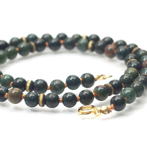 Bloodstone Smooth Rounds Knotted Necklace 6mm with Gold Filled Spring Clasp