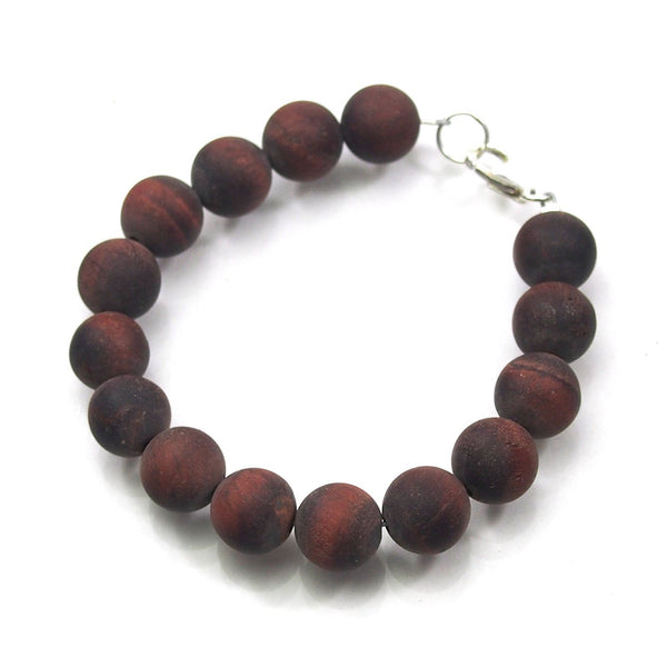 Matte Red Tiger's Eye 10mm Smooth Round Bracelet with Sterling Silver Trigger Clasp