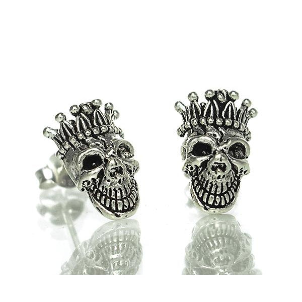 Rey San Pascual Sterling Silver Skull with Crown Stud Earrings