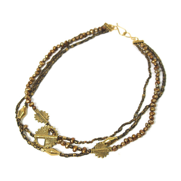 Fresh Water Pearl and Metal Bead Multi Strand Necklace with Baoule Brass Beads and Gold Plated Hook Clasp