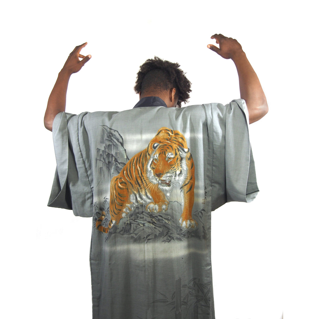 Vintage Silk Hand-Painted Tiger Full Length Kimono