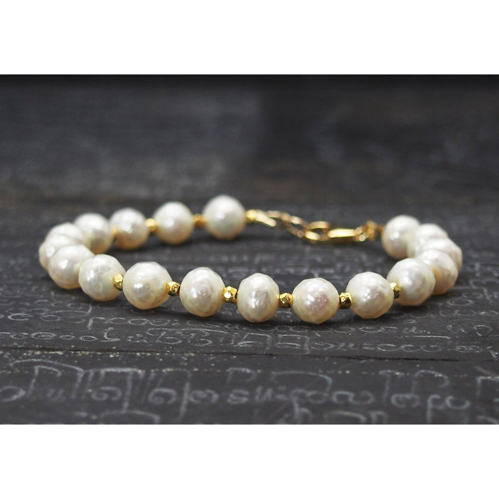 Faceted Fresh Water Pearl Bracelet with Gold Vermeil Spacer Beads with Gold Filled Trigger Clasp