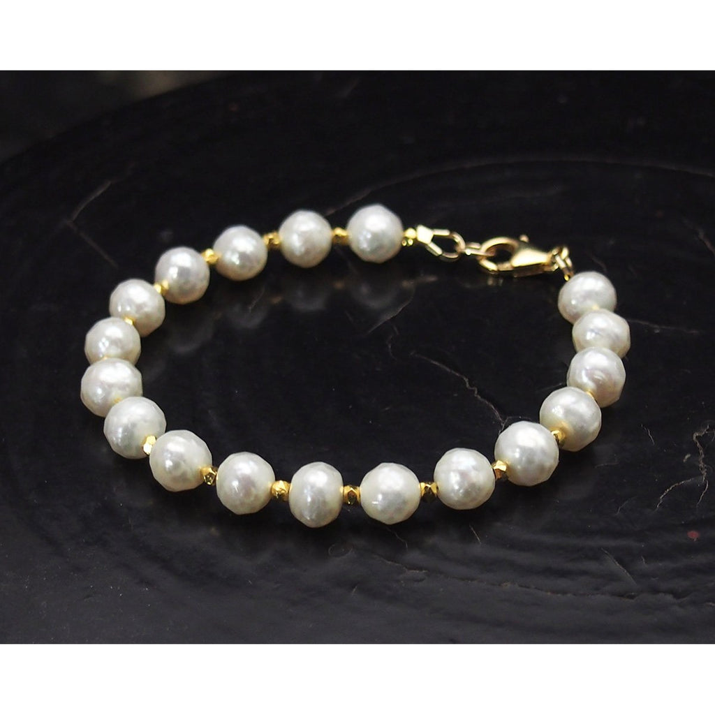 Faceted Fresh Water Pearl Bracelet with Gold Vermeil Spacer Beads with Gold Filled Trigger Clasp