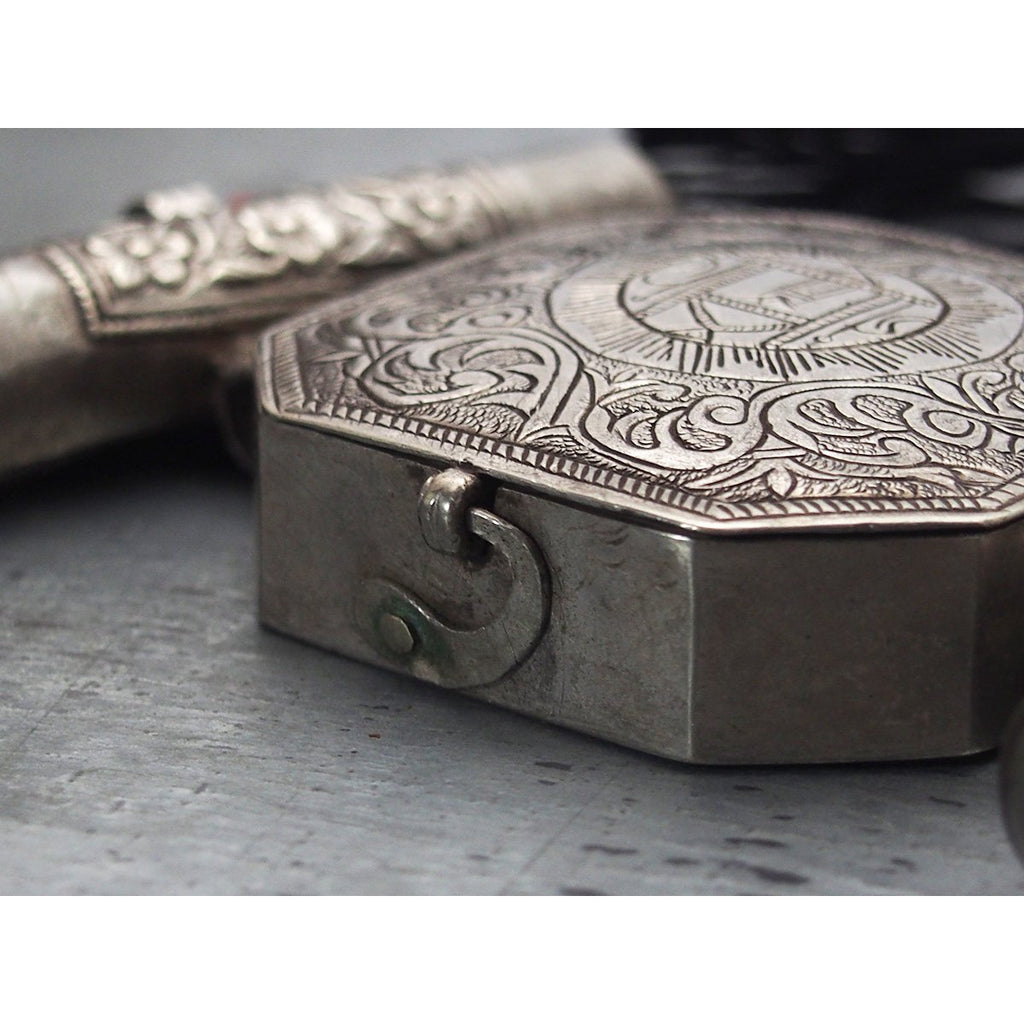 Antique Silver Bazuband Koranic Amulet Case Framed by Two Tawiz