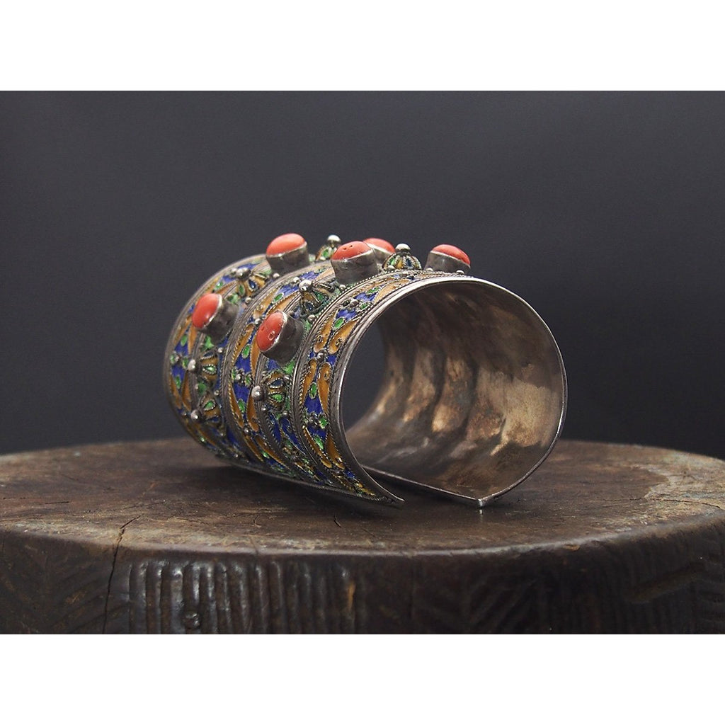 Kabyle Silver Enameled Coral Cuff Bracelet from Algeria