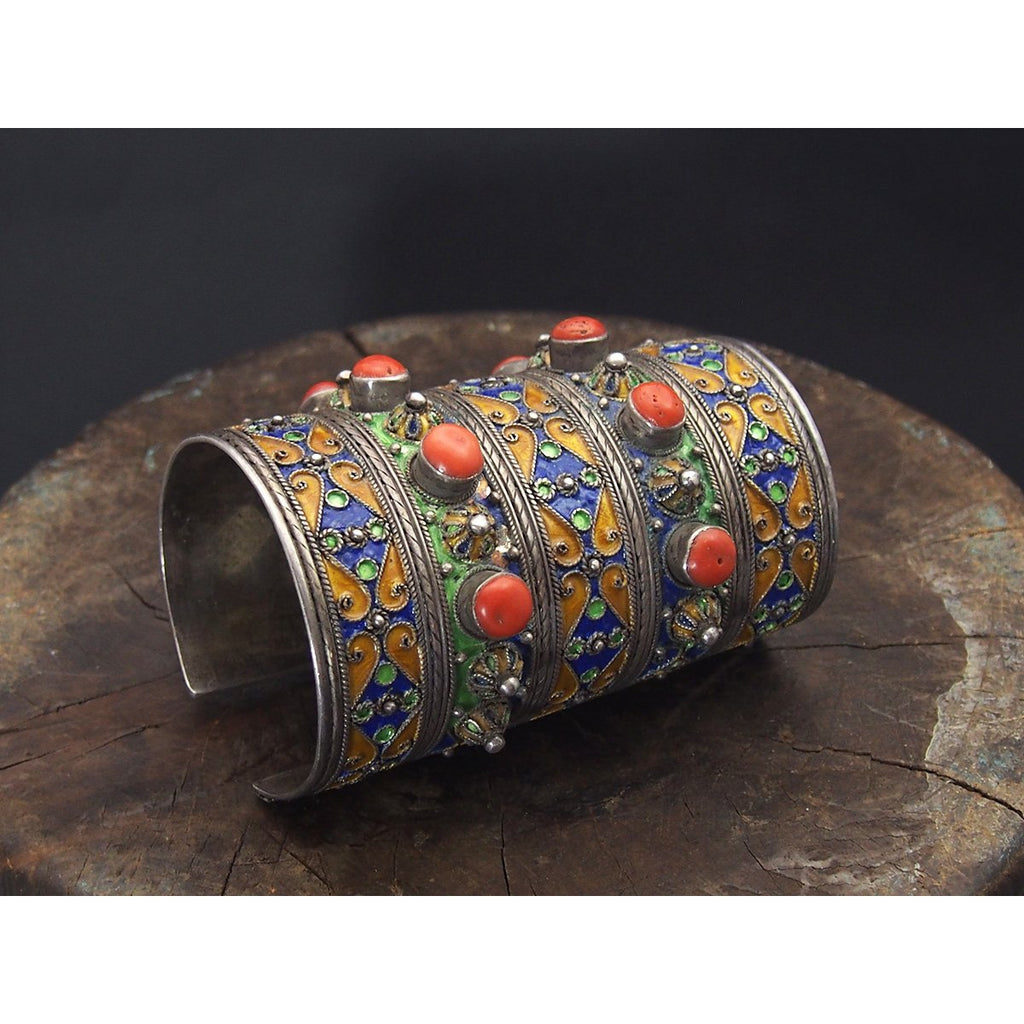 Kabyle Silver Enameled Coral Cuff Bracelet from Algeria