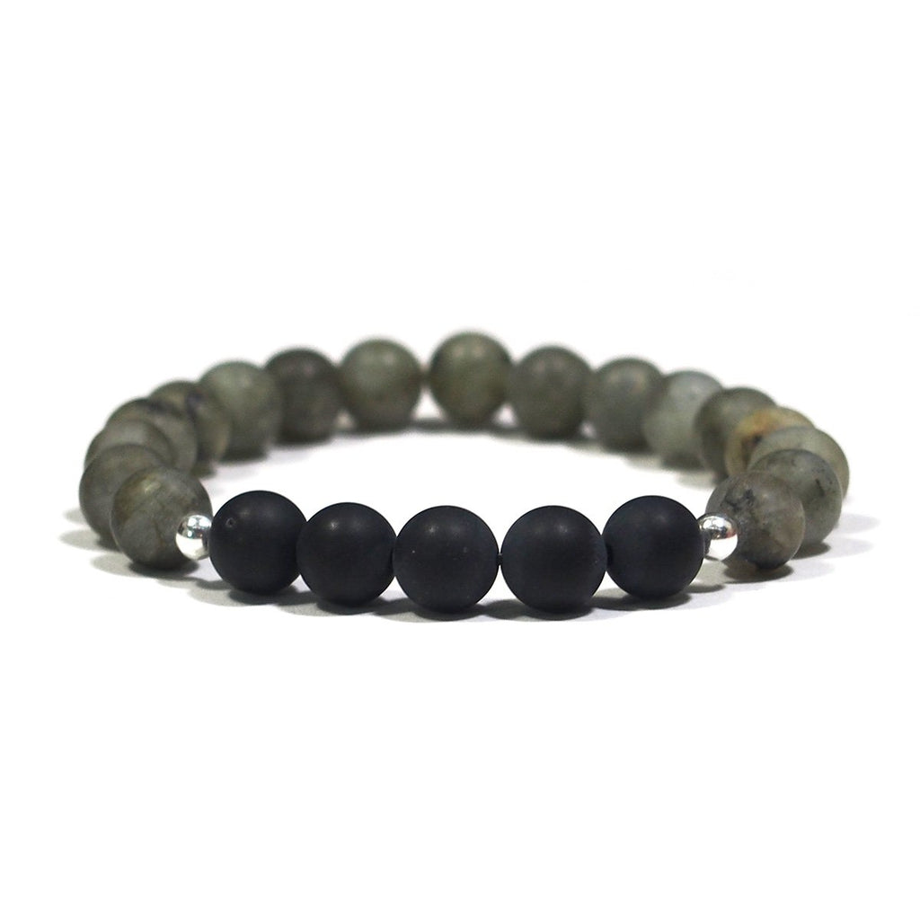 Labradorite and Onyx Bracelet with Matte Finish on Elastic Cord