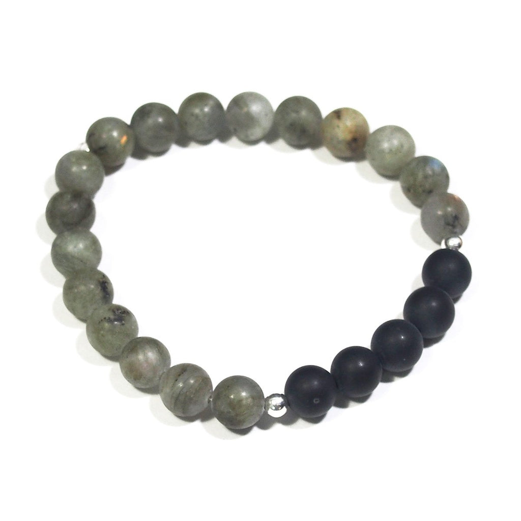 Labradorite and Onyx Bracelet with Matte Finish on Elastic Cord