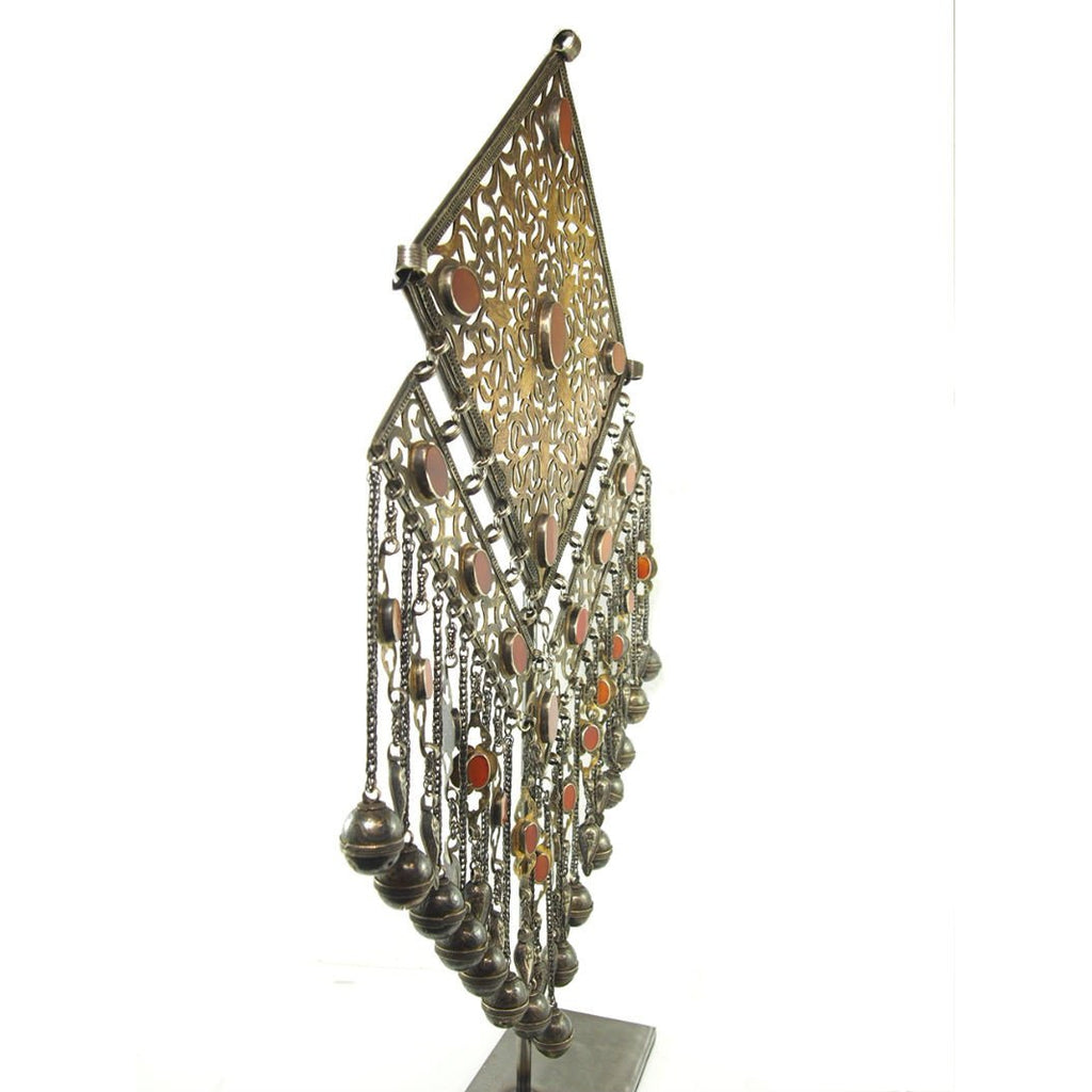 Turkmen Diamond Shape Antique Pendant with Bell Tassels-16