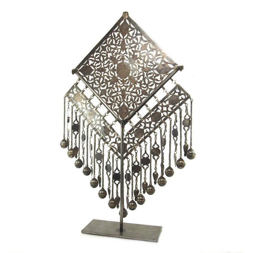Turkmen Diamond Shape Antique Pendant with Bell Tassels-16
