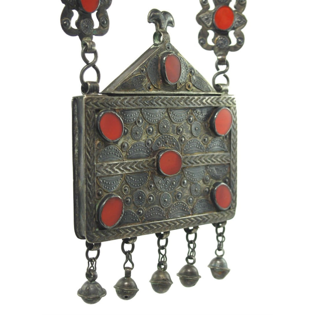 Turkmen Amulet Case Antique Necklace with Original Chain and Leather Strap-18