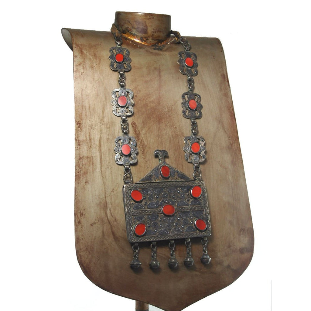 Turkmen Amulet Case Antique Necklace with Original Chain and Leather Strap-18