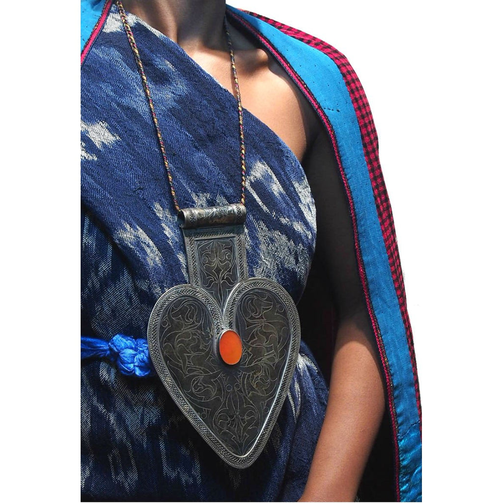Turkmen "Black Silver" Floral Pattern Asyk Cordiform Heart Shape Antique Pendant-07