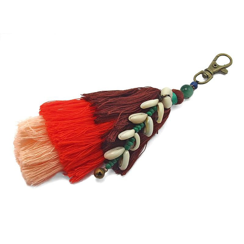 Hilltribe Tassel Keychain With Bell and Cowry Shell, C