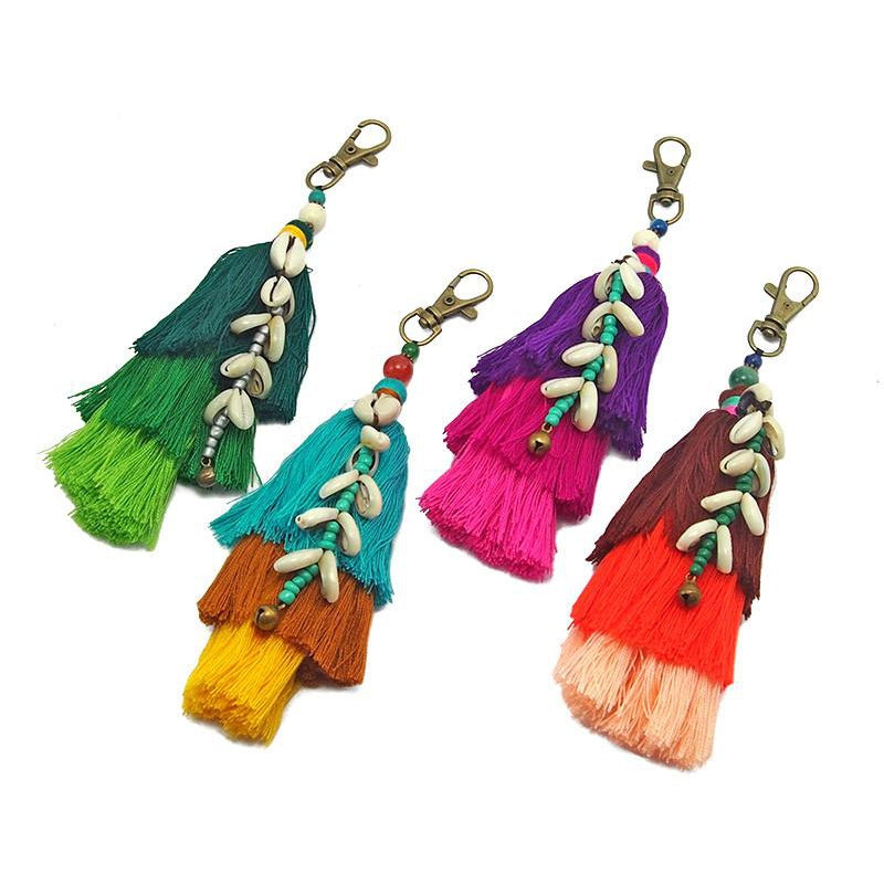 Hilltribe Tassel Keychain With Bell and Cowry Shell, C