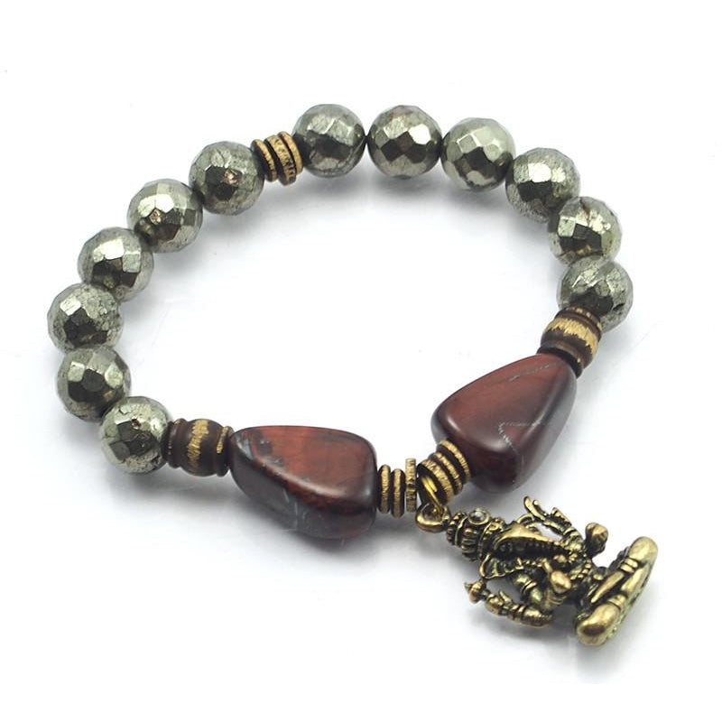 Pyrite and Tiger's Eye Stretch Bracelet with Brass Ganesha Amulet – Beads  of Paradise