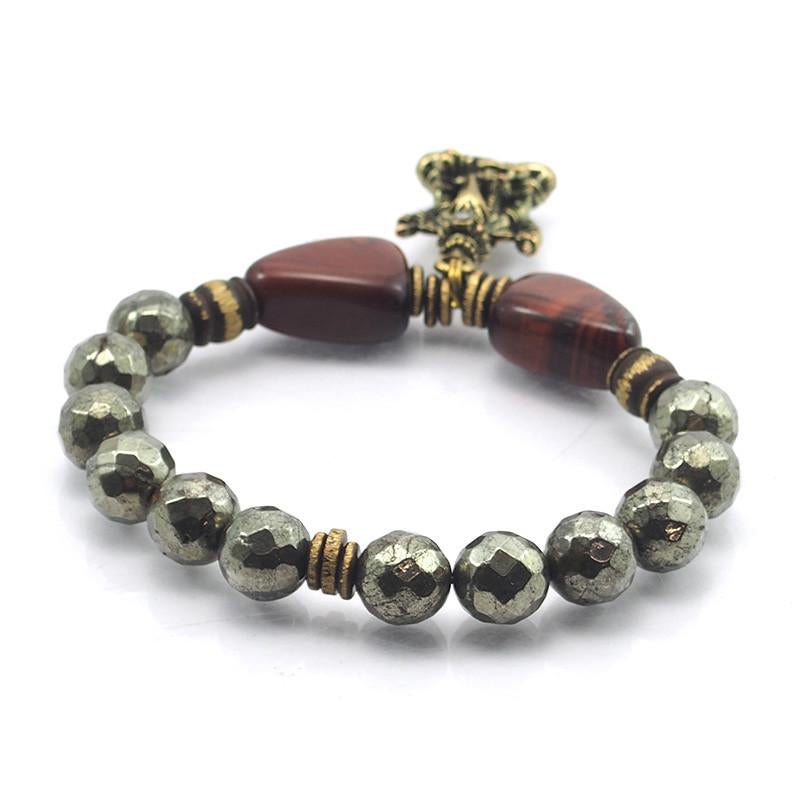 Pyrite and Tiger's Eye Stretch Bracelet with Brass Ganesha Amulet