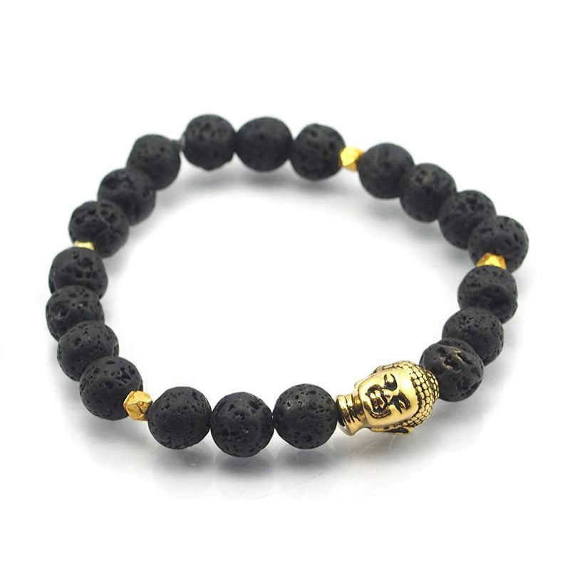 Lavastone and Gold Vermeil Beads Elastic Bracelet with Gold Plated Buddha Head