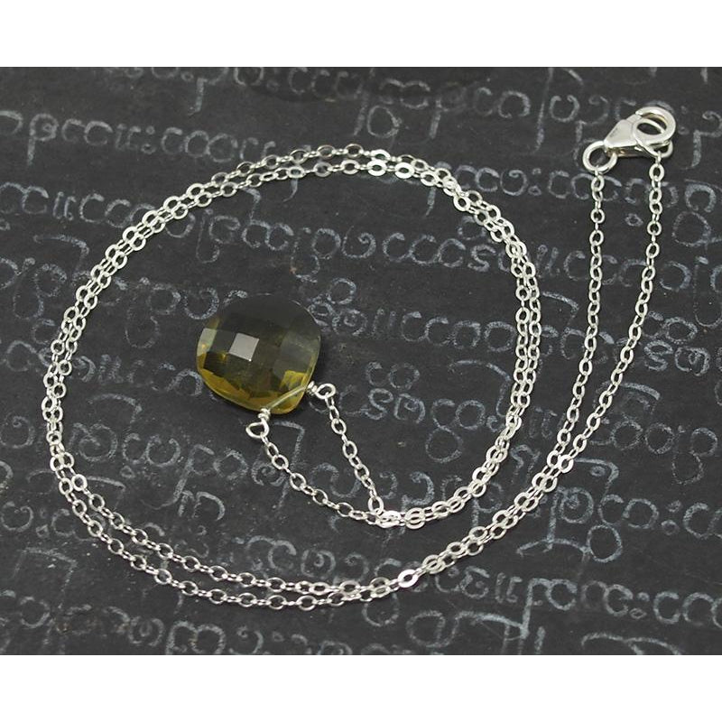 Olive Quartz Necklace On Sterling Silver Chain With Sterling Silver Trigger Clasp