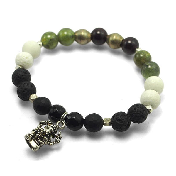 Lavastone, Onyx, White Coral, Red and Green Garnet Beads Elastic Bracelet with Silver Accents and Sterling Silver Ganesh Amulet