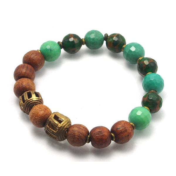Mangowood, Chrysoprase and Mosaic Quartz Beads Elastic Bracelet with Brass Accents