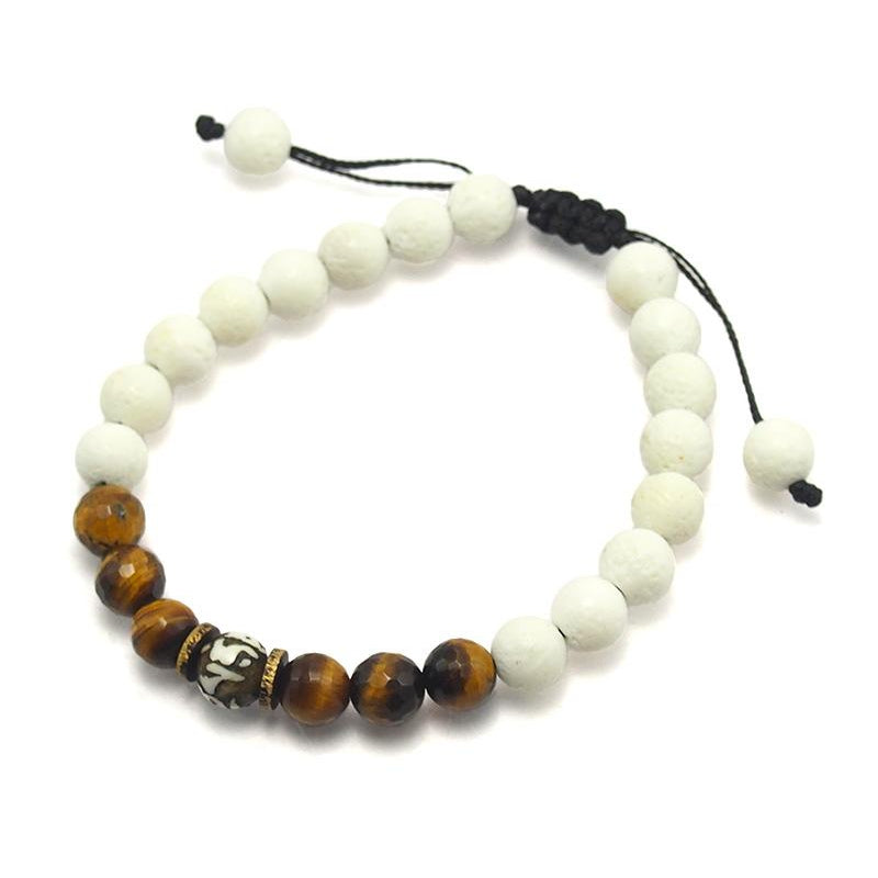 Carved Shell, Tiger's Eye and White Coral Bracelet with Brass Accents and Macrame Clasp