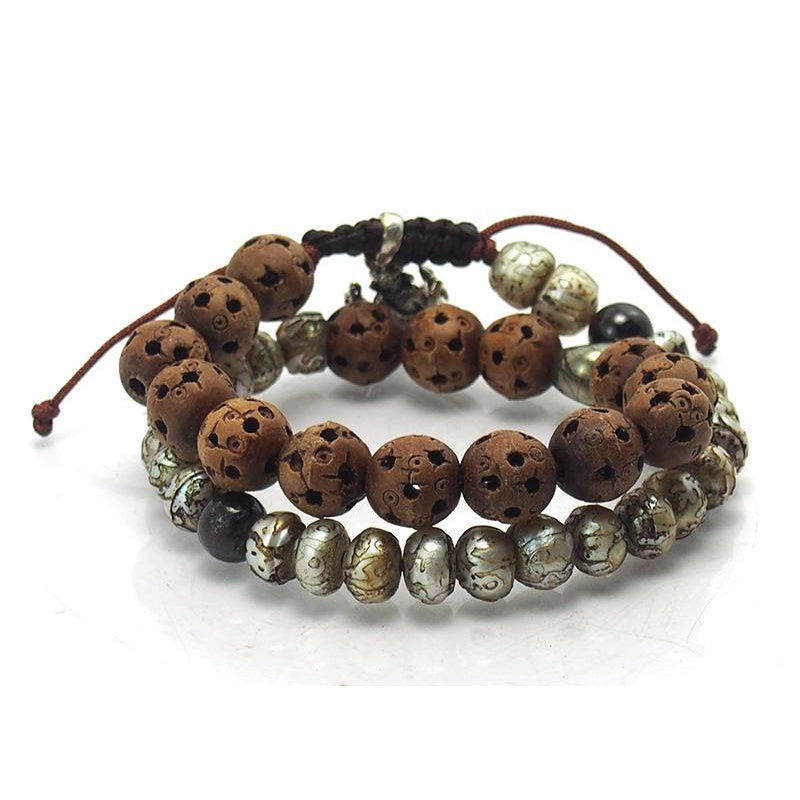 Tulsi Wooden Bracelet with Hindu Charms and Ancient Indus Valley Etched Carnelian Beads