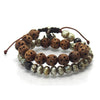Hand Carved Pearl Wooden Double Wrap Bracelet with Garnet, Pyrite Skull and Sterling Silver Ganesh Amulet