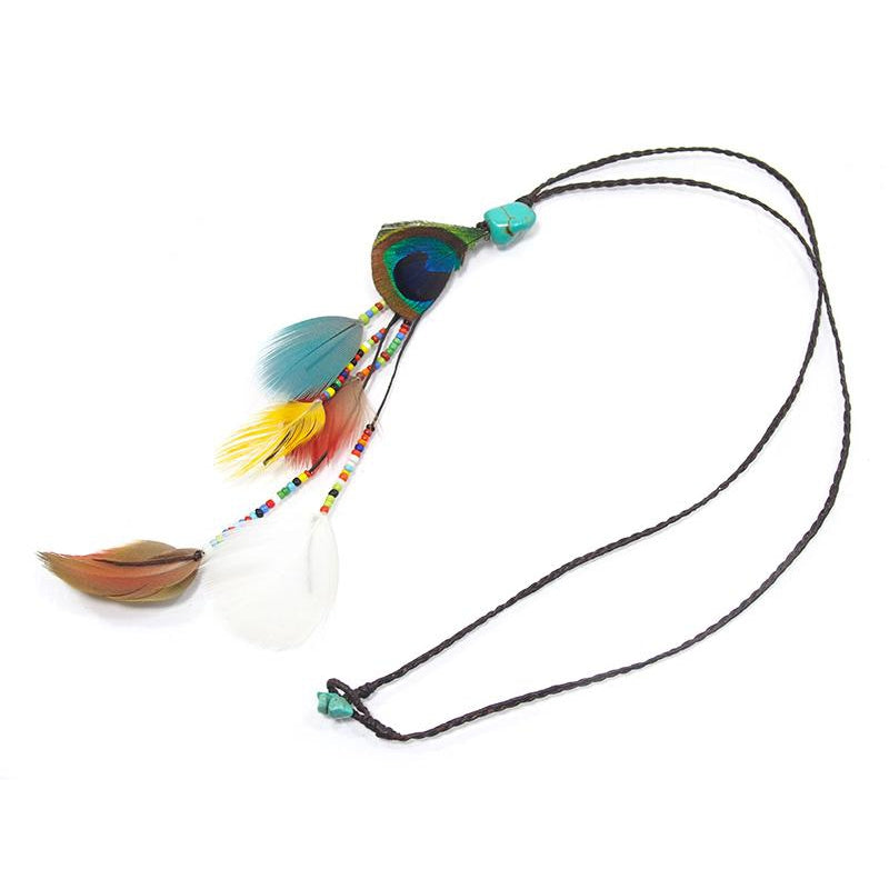 Feather/Beaded Necklace With Waxed Cord