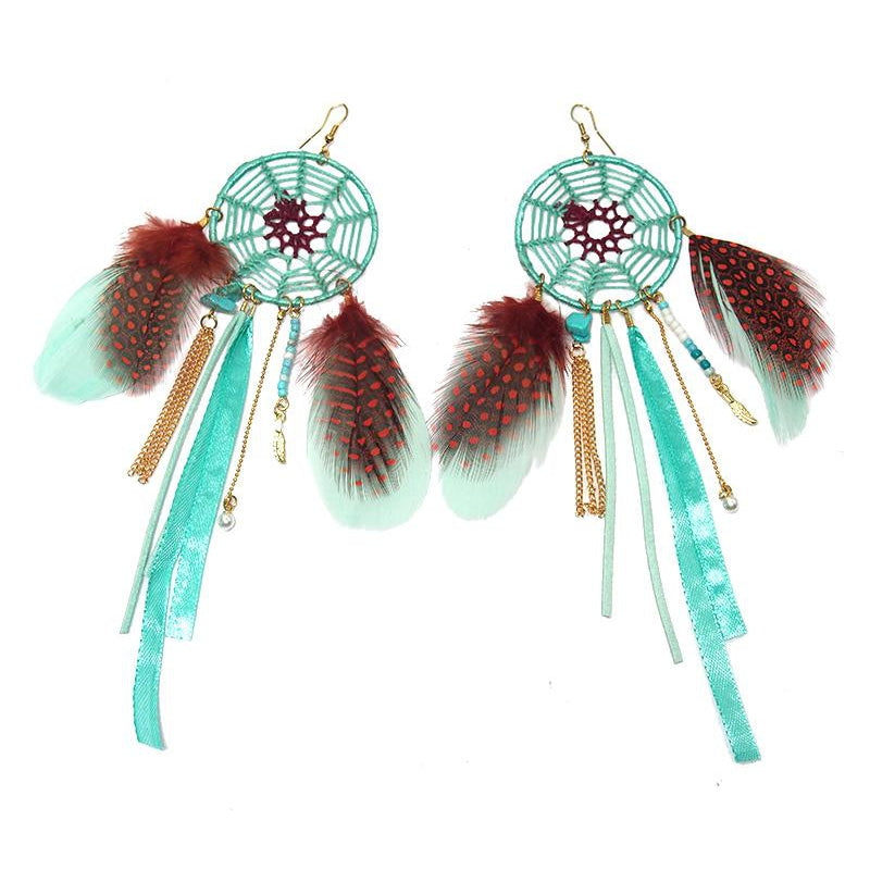 Turquoise Dreamcatcher Earrings with Feathers – Super Silver