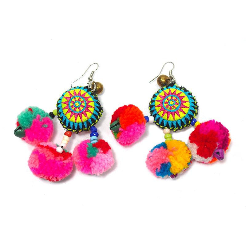 Hilltribe Crocheted Earrings with Pom Poms