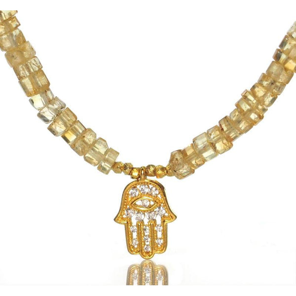 Citrine Necklace with Gold Filled Trigger Clasp, Gold Plated Hamsa Charm