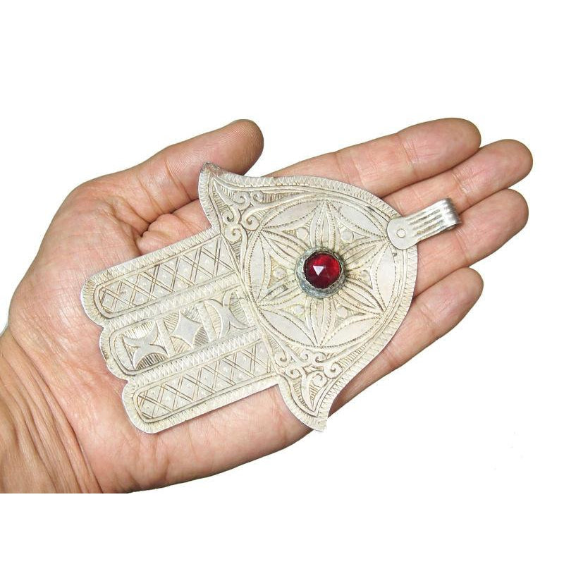 Essaouira Hamsa with Rose with Six Petals w/ Red Glass Gem Seed of Life 1