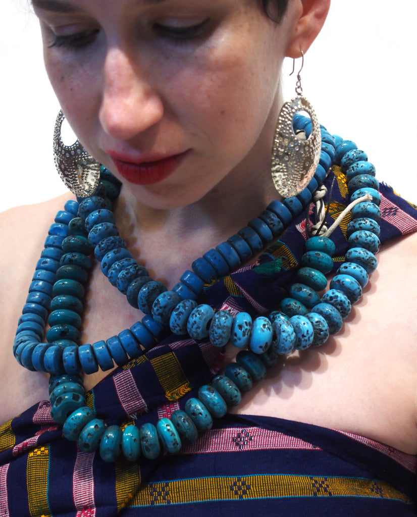 Ensemble 5: Handloomed Cotton Wrap/ Shawl from Lombok, Indonesia with Thai Sterling Silver Tribal Earrings and Naga Turquoise Glass Heirloom Bead Strands - Each Item Sold Separately